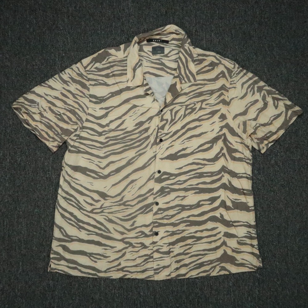 KSUBI Shirt Men XXL Brown Tan Tiger Stripe Camo Short Sleeve Lyocell Lightweight